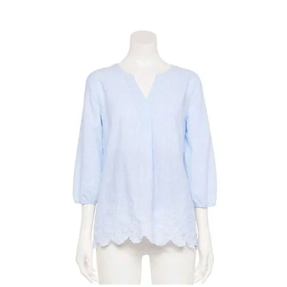 Croft & Barrow Embroidered Scallop Hem Blouse Shirt Size 1X Striped Blue White - Picture 9 of 9